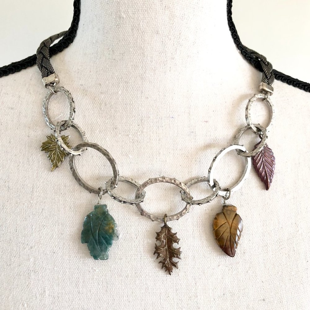 Carved stone and enameled leaf necklace